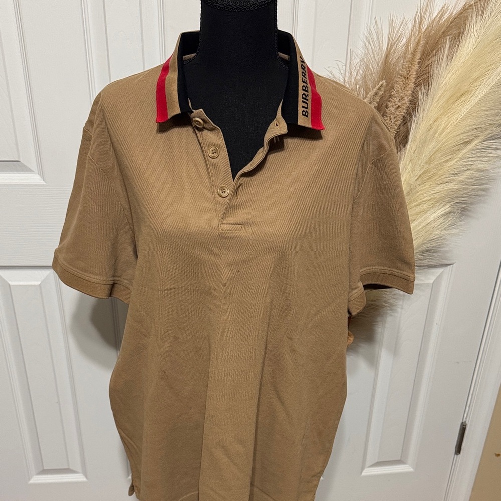 Burberry Tan Polo Shirt with Red Collar